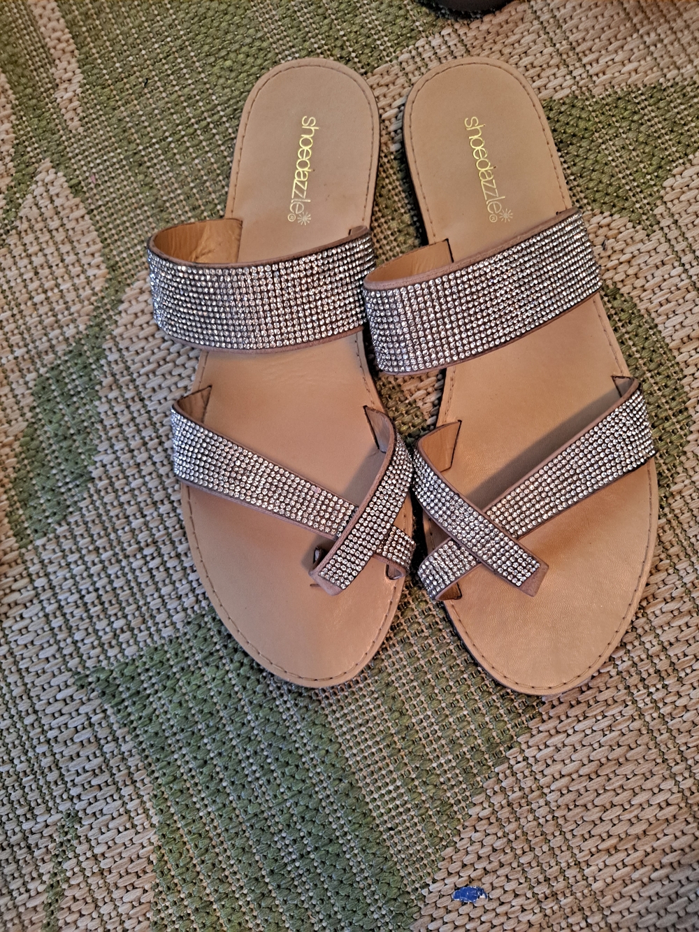 Shoe Dazzle Taupe Rhinestone Crisscross Slide Sandals